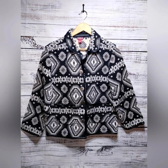 Red Ranch Aztec Jacket in Black‎ and White size Medium Vintage Western Boho - Picture 1 of 5